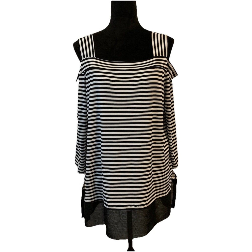 Chicos Size 2 Top Large Black White Striped Cold Shoulder Stretch